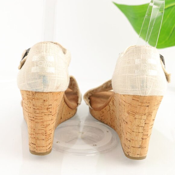 TOMS Womens Clarissa Sandal Size 9 Tan Strappy Linen Cork Wedge Platform Boho - Picture 4 of 12